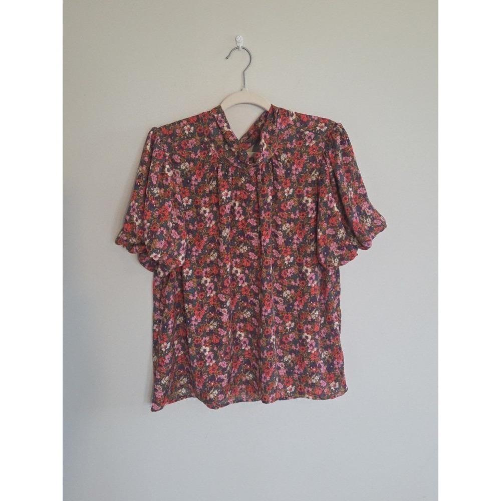 Women's Floral Entro Blouse Large Bubble Puff Sleeves Tie Neck Colorful Flowy